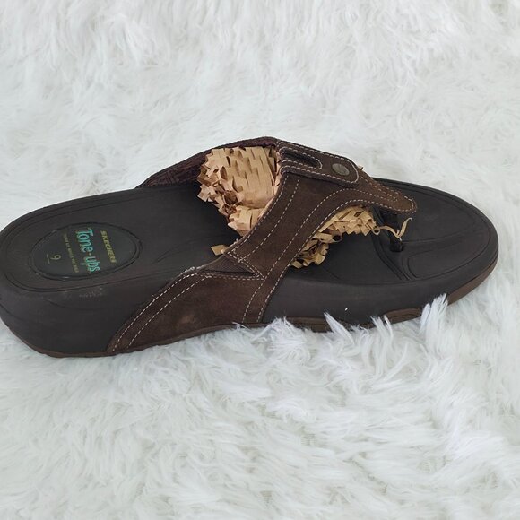 Sketchers Tone-ups Women’s Leather Sandals Brown Flip Flop Size 9 Wedge - Picture 5 of 8
